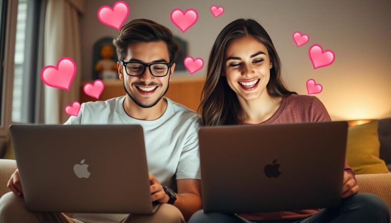 Happy couple connecting through online love platform on laptop