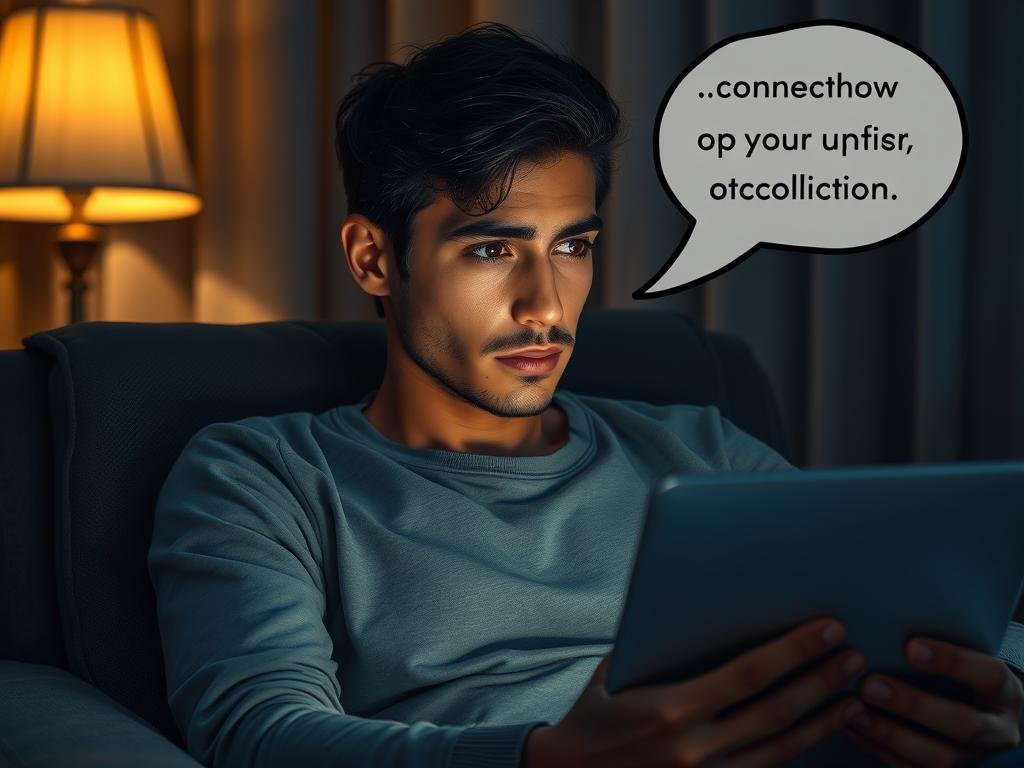 Person looking thoughtfully at their device while considering online connection options at night