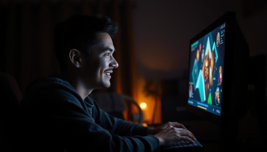 Person playing an immersive game on their computer at night with colorful game graphics reflecting on their face