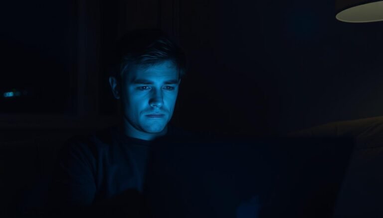 Person sitting alone at night with a soft glow from their laptop illuminating their face, looking lonely but hopeful