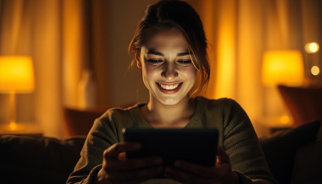 Person smiling at their device at night, now looking connected and content instead of lonely