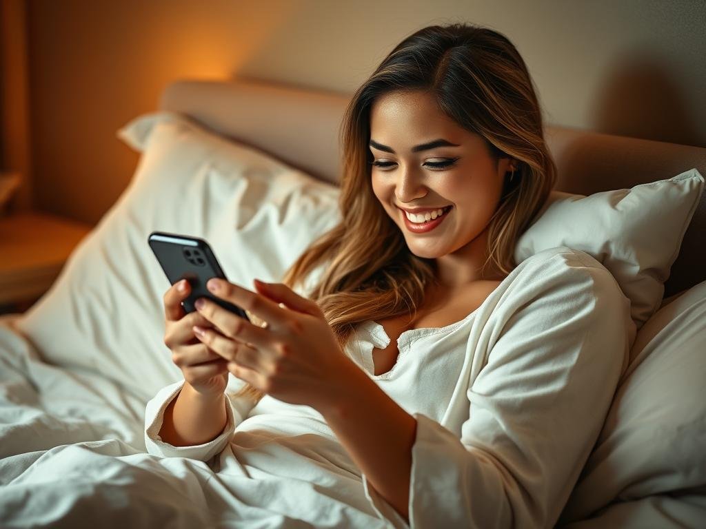 Person smiling while using a dating app on their phone, with a cozy nighttime setting
