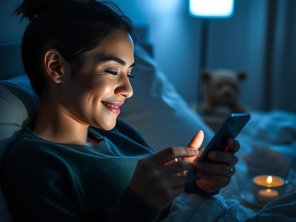 Person texting on their phone at night with a relaxed expression, surrounded by soft lighting